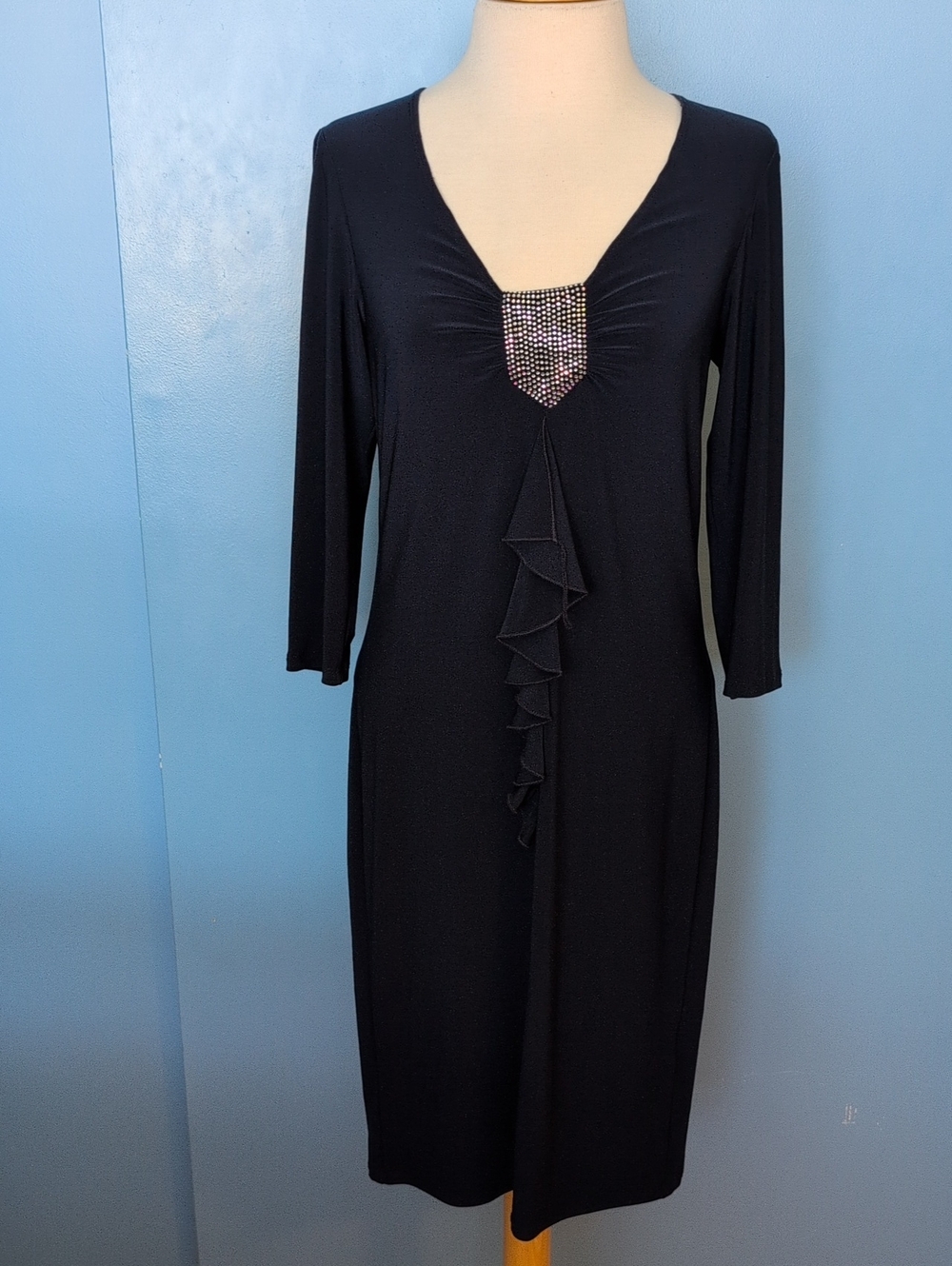Frank Lyman Navy V-Neck Ruffle Front Dress with Embellished Accent Size 10